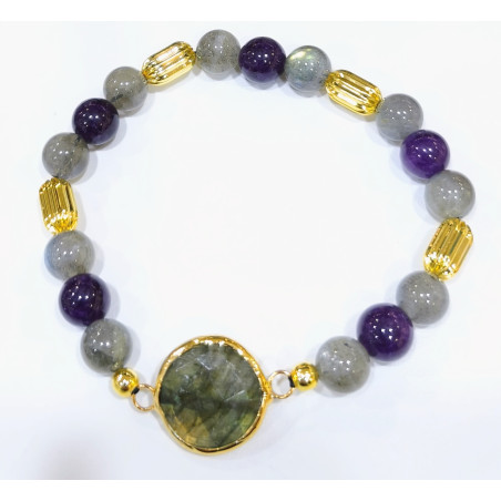 Bracelet Labradorite et Lépidolite Pierres Rondes 8mm Laiton Plaqué Or