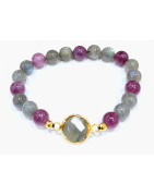 Bracelet Labradorite et Lépidolite Pierres Rondes 8mm Laiton Plaqué Or
