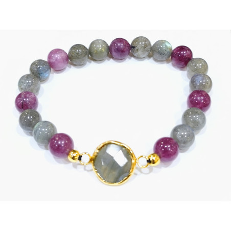 Bracelet Labradorite et Lépidolite Pierres Rondes 8mm Laiton Plaqué Or