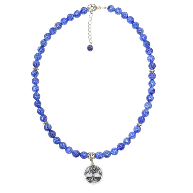Collier Lapis-Lazuli Pierres Rondes 8mm Arbre de Vie et Inserts Aciers Inox