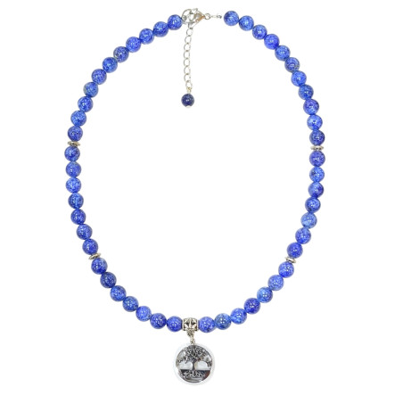 Collier Lapis-Lazuli Pierres Rondes 8mm Arbre de Vie et Inserts Aciers Inox