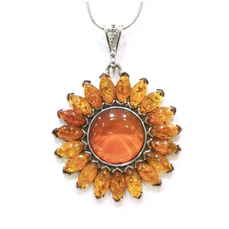 Pendentif Ambre Baltique Soleil avec Chaîne 38 cm Argent 925