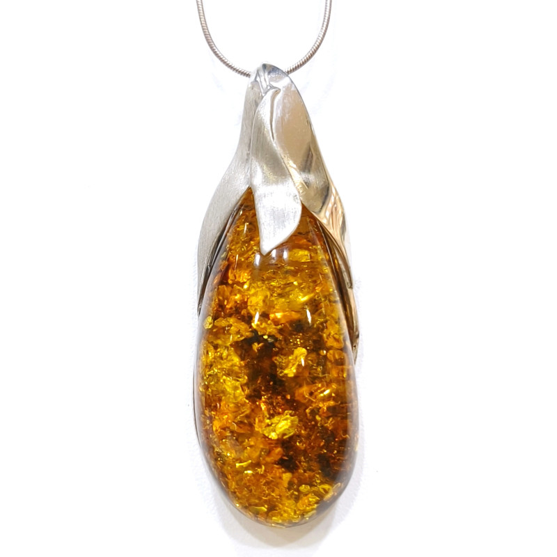Pendentif Ambre Baltique Goutte avec Chaîne 38 cm Argent 925