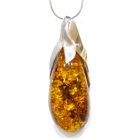 Pendentif Ambre Baltique Goutte avec Chaîne 38 cm Argent 925