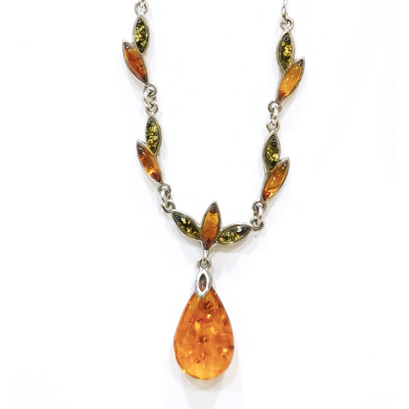 Collier Ambre Baltique et Ambre Vert Argent 925 45 + 5 cm