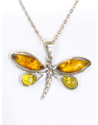 Pendentif Ambre Baltique et Ambre Vert Libellule avec Chaîne 40 cm Argent 925