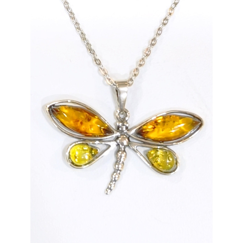 Pendentif Ambre Baltique et Ambre Vert Libellule avec Chaîne 40 cm Argent 925