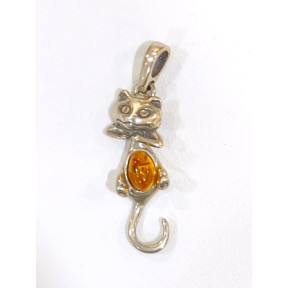 Pendentif Ambre Baltique Chat Argent 925