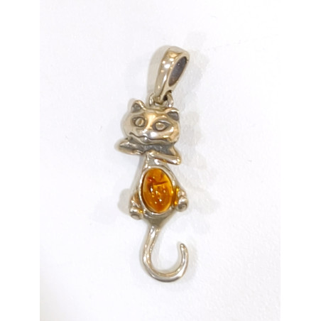 Pendentif Ambre Baltique Chat Argent 925