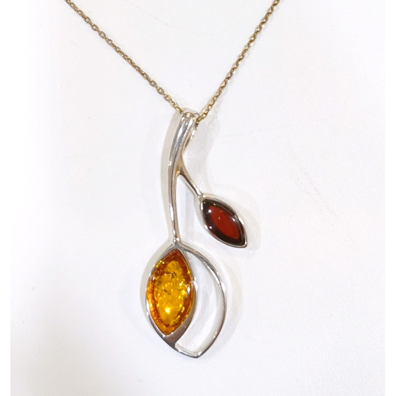 Pendentif Ambre Feuille et Chaîne 42 + 5 cm Argent 925