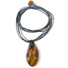 Pendentif Ambre Dark Cognac avec Inclusions Végétales sur Lanières de Cuir 64 cm