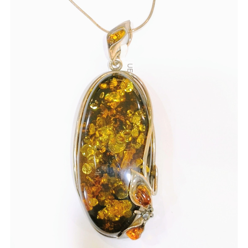 Pendentif Ambre Vert avec Chaîne Argent 925 64 cm