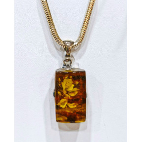 Pendentif Ambre Baltique Type Camé avec Rose et Chaîne Argent 925 50 cm