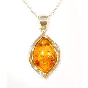 Pendentif Ambre Cognac Serti avec Chaîne Argent 925 40 cm