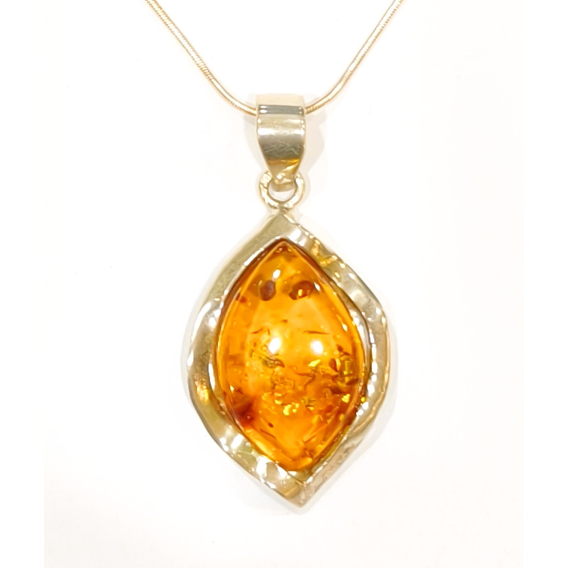 Pendentif Ambre Cognac Serti avec Chaîne Argent 925 40 cm