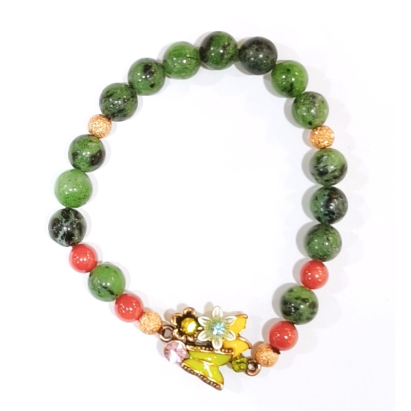 Bracelet Rubis Zoïsite Pierres Rondes 8mm et Corail Rouge Pierres Rondes 6mm avec Insert Swarovski Emaillé