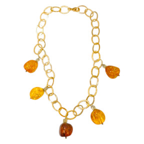 Collier Ambre Baltique Cognac Maillons Argent 925 Plaqué Or (Vermeil ) avec Fermoir 45 cm