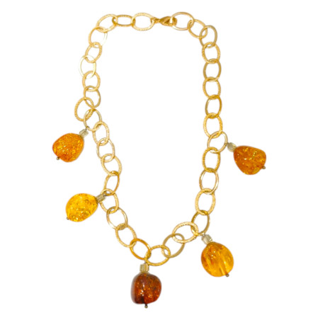 Collier Ambre Baltique Cognac Maillons Argent 925 Plaqué Or (Vermeil ) avec Fermoir 45 cm