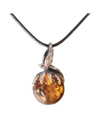 Pendentif Ambre Boule et Oiseau Argent 925 sur Cordon Réglable