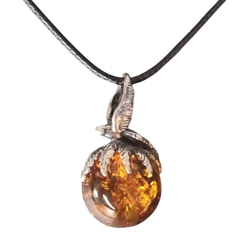 Pendentif Ambre Boule et Oiseau Argent 925 sur Cordon Réglable