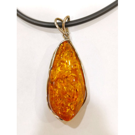 Pendentif Ambre Baltique Argent 925 avec Cordon Caoutchouc 44 cm