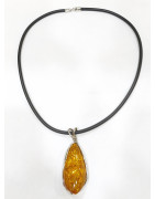 Pendentif Ambre Baltique Argent 925 avec Cordon Caoutchouc 44 cm