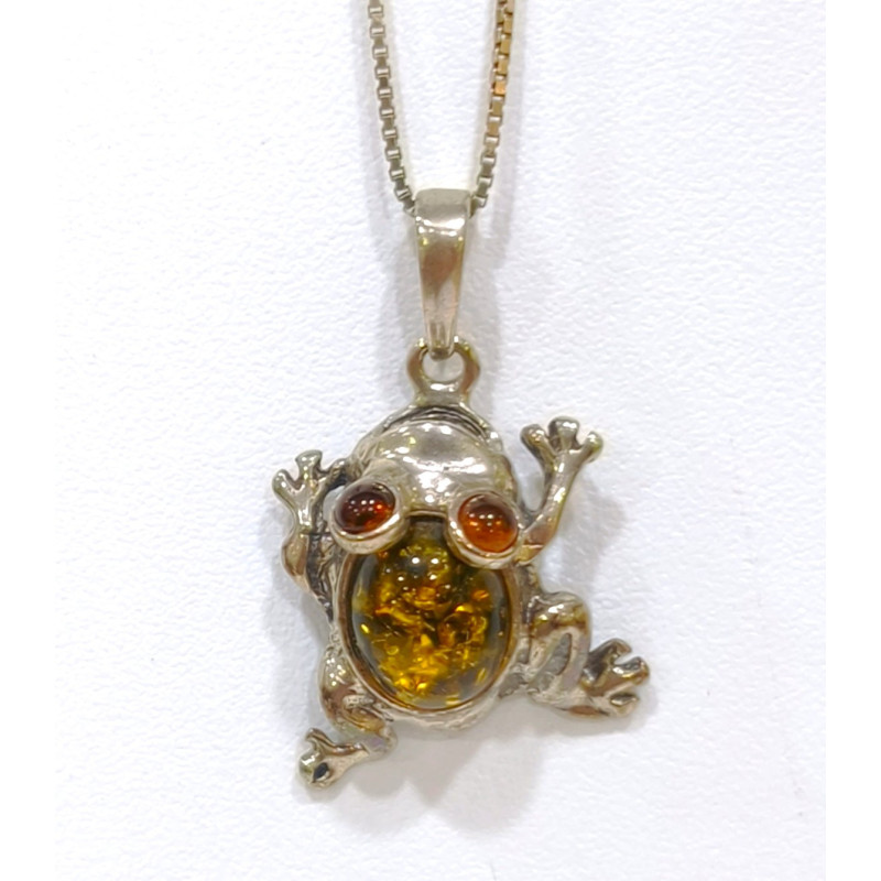 Pendentif Ambre Grenouille avec Chaîne Argent 925