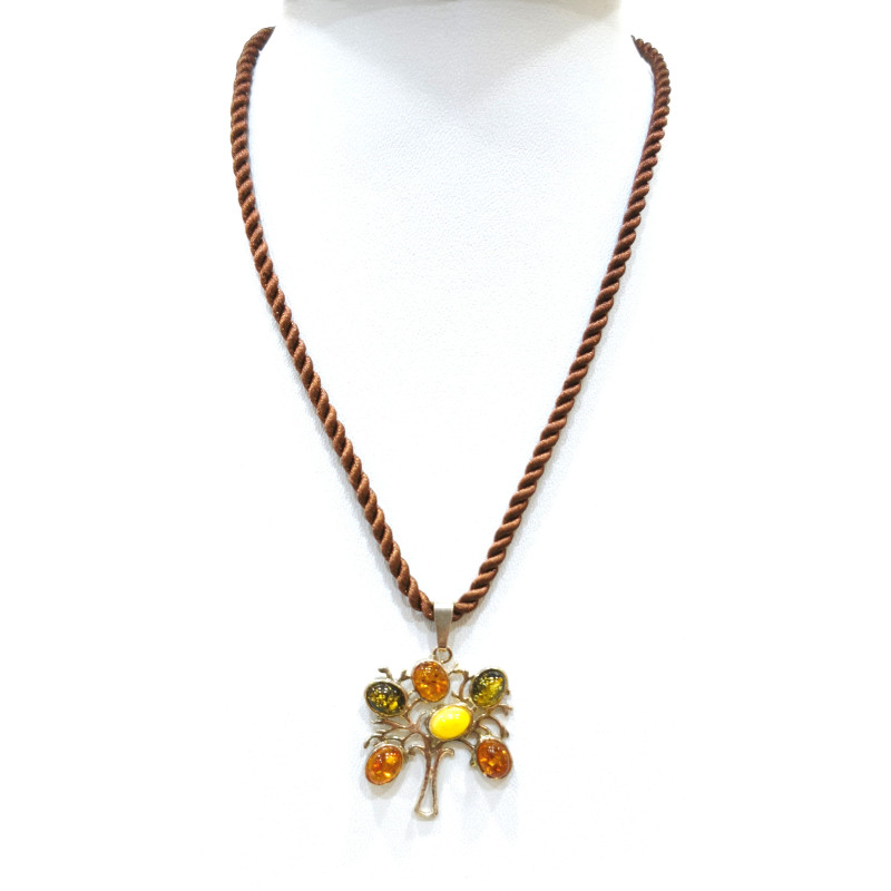 Pendentif Ambre Baltique et Végétal Arbre Argent 92 sur Cordon 44 cm