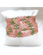 Bracelet Quartz Rose Cerise et Aventurine Verte Enfant Pierres Rondes 5mm