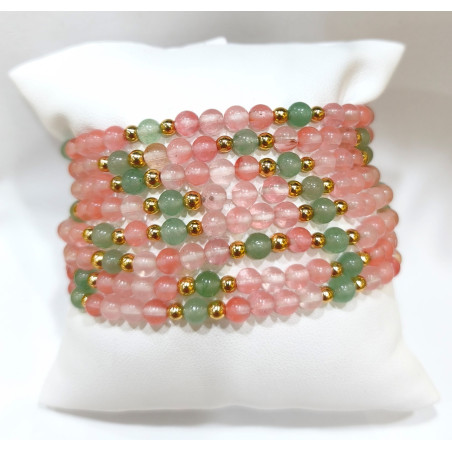 Bracelet Quartz Rose Cerise et Aventurine Verte Enfant Pierres Rondes 5mm