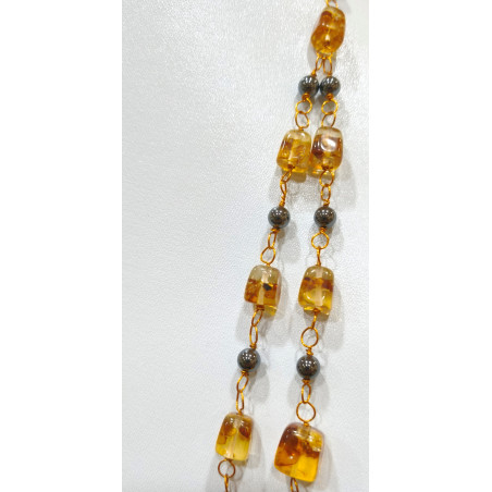 Collier Ambre Baltique et Hématite  Fermoir 90 + 4 cm