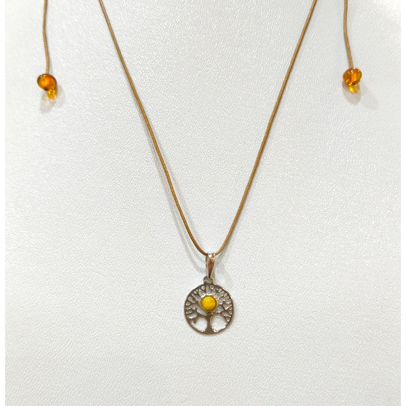 Pendentif Ambre Baltique Miel Arbre de Vie Argent 925 avec Cordon Réglable