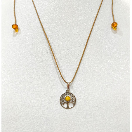 Pendentif Ambre Baltique Miel Arbre de Vie Argent 925 avec Cordon Réglable