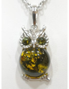 Pendentif Ambre Vert Chouette Argent 925 avec Chaîne Acier Inox