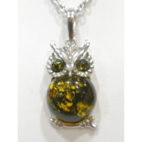 Pendentif Ambre Végétal Chouette Argent 925 avec Chaîne Acier Inox