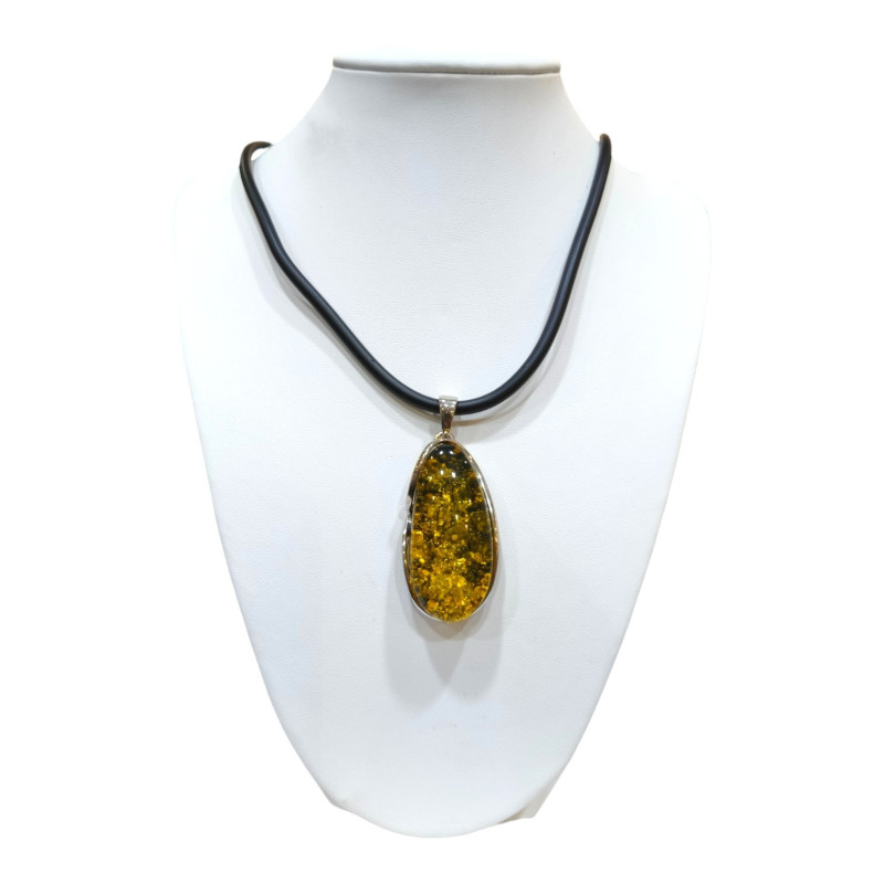 Pendentif Ambre Végétal Argent 925 avec Cordon Caoutchouc 44 cm