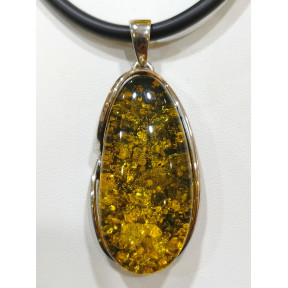 Pendentif Ambre Végétal Argent 925 avec Cordon Caoutchouc 44 cm