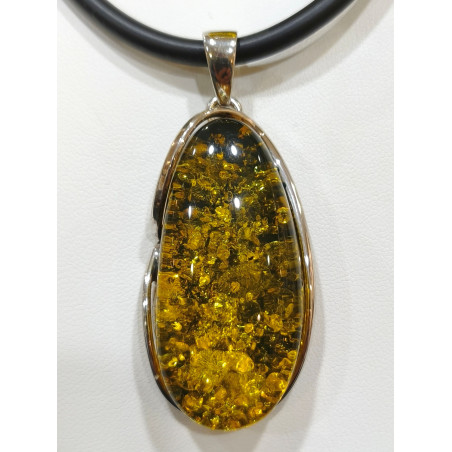 Pendentif Ambre Végétal Argent 925 avec Cordon Caoutchouc 44 cm