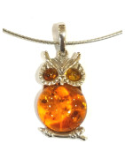 Pendentif Ambre Baltique Chouette Argent 925 avec Chaîne Rigide Argent 925