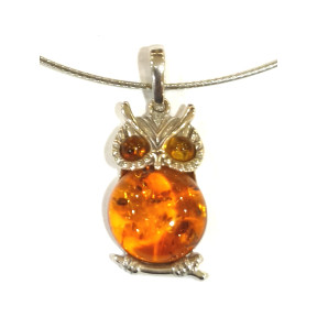 Pendentif Ambre Baltique Chouette Argent 925 avec Chaîne Rigide Argent 925