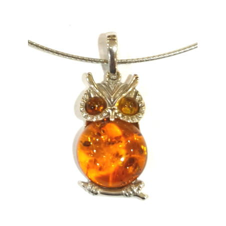 Pendentif Ambre Baltique Chouette Argent 925 avec Chaîne Rigide Argent 925