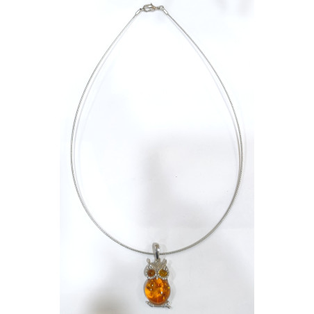 Pendentif Ambre Baltique Chouette Argent 925 avec Chaîne Rigide Argent 925
