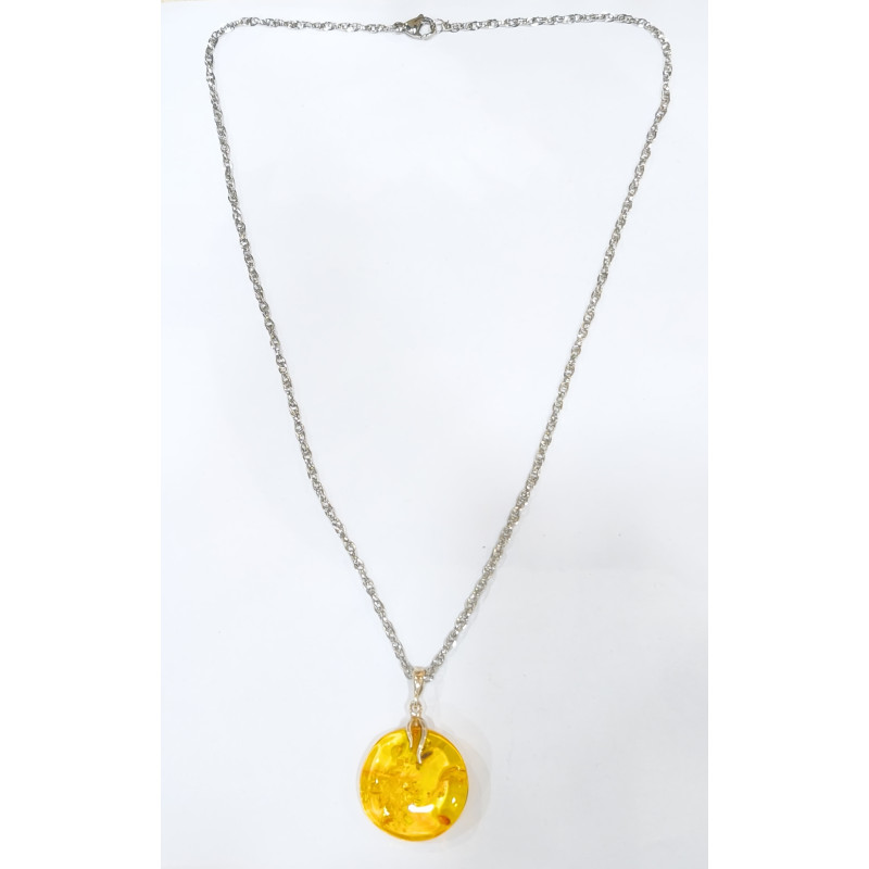 Pendentif Ambre Baltique Rond Argent 925 avec Chaîne Acier 45 cm