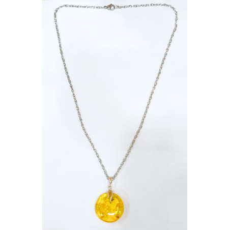 Pendentif Ambre Baltique Rond Argent 925 avec Chaîne Acier