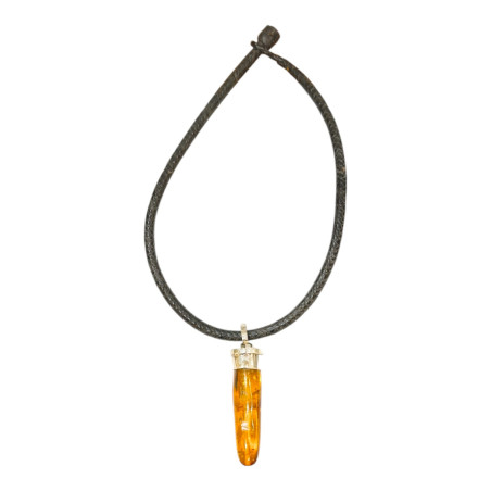 Pendentif Ambre Baltique Pointe Argent 925 avec Cordon Cuir 38 cm