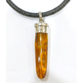 Pendentif Ambre Baltique Pointe Argent 925 avec Cordon Cuir 38 cm