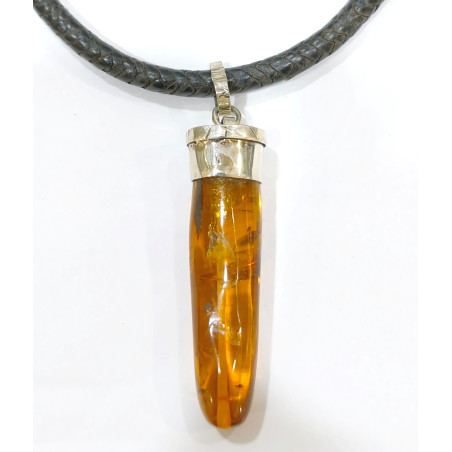Pendentif Ambre Baltique Pointe Argent 925 avec Cordon Cuir 38 cm