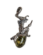 Pendentif Ambre Vert Sorcière sur son balai Argent 925 rhodié
