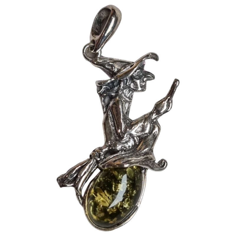 Pendentif Ambre végétal Sorcière sur son balai Argent 925 rhodié