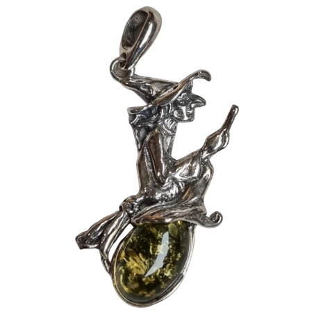 Pendentif Ambre végétal Sorcière sur son balai Argent 925 rhodié